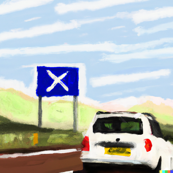 A white car driving past a sign with a saltire